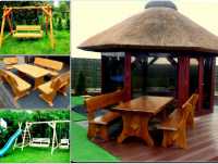 Meble ogrodowe, drewniane, barowe, huśtawki, stół, ławka, krzesła