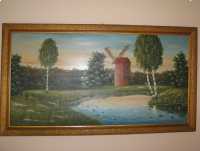 Duży, stary obraz olejny na płótnie w ramie57x105 – pejzaż wiejski z wiatrakiem 